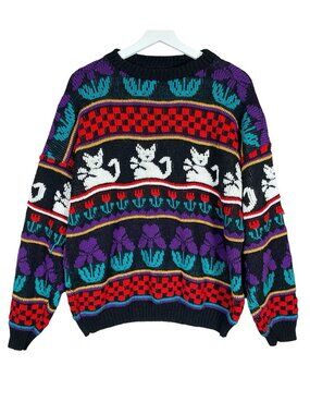 Vintage 80s Rose Cat Knit Sweater L/XL Granny Kidcore Fair Isle Novelty Kitsch